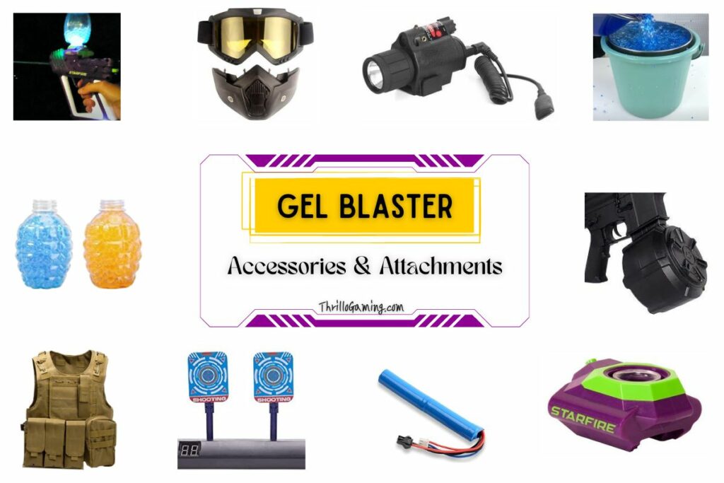Gel Blaster Accessories And Attachments: Glow-in-the-dark Gellets, Gel Bead Hopper, Collapsible Ammo Tub, Drum Magazine, Shooting Target For Practice, Gel Ball Blaster Vest, Safety Goggles, Stylish Masks, Laser Attachment, Starfire Activator and Rechargeable Battery