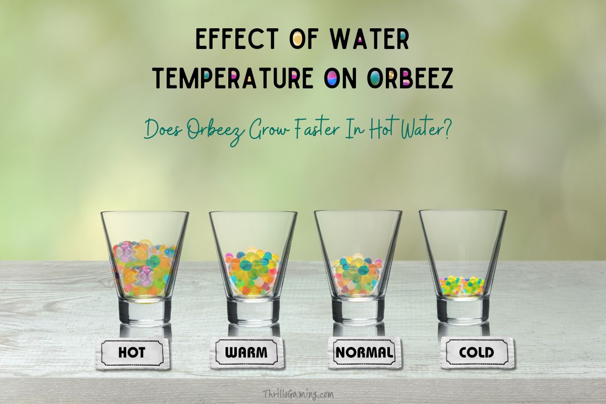 Does Hot Water Make Orbeez Grow Faster comparison of hydrated Orbeez in water with hot, warm, cold and normal temperature.