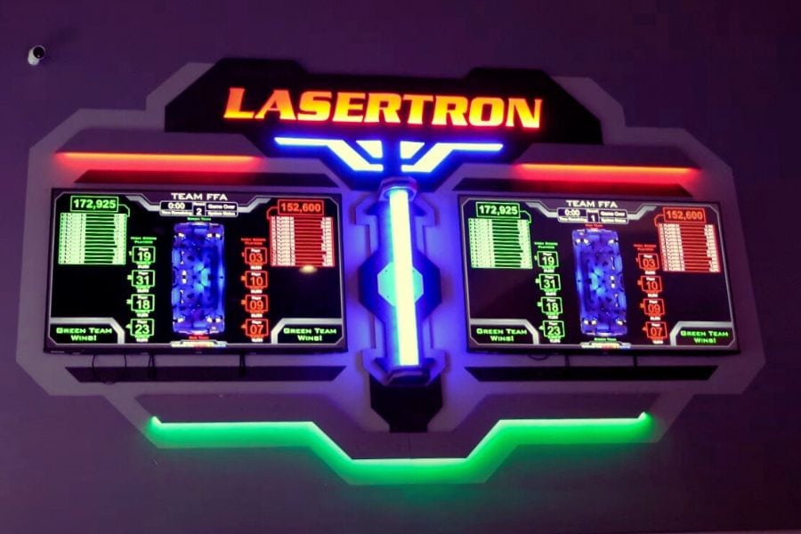 Laser tag scoreboard at Main Event laser tag arena